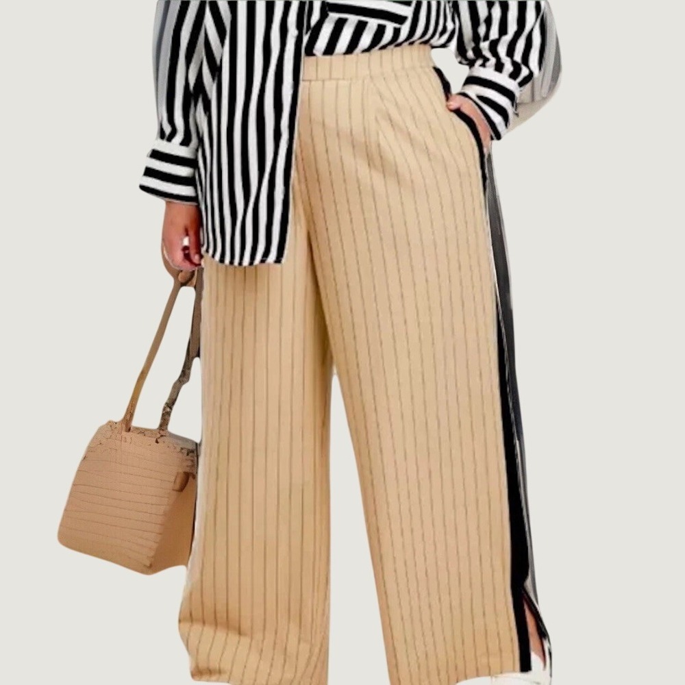 La Ligne x Target Trousers Womens 3X Tan Beige Wide Leg Pants Striped Sides NWOT
